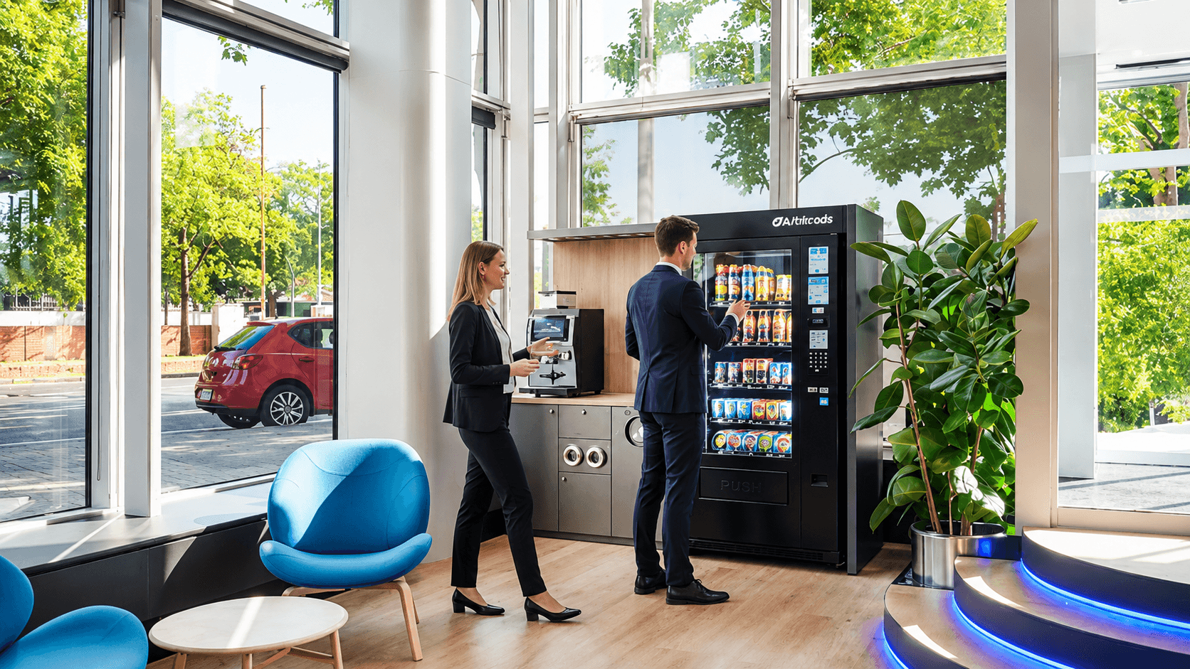 Coworkers enjoying coffee and refreshments in a modern workplace